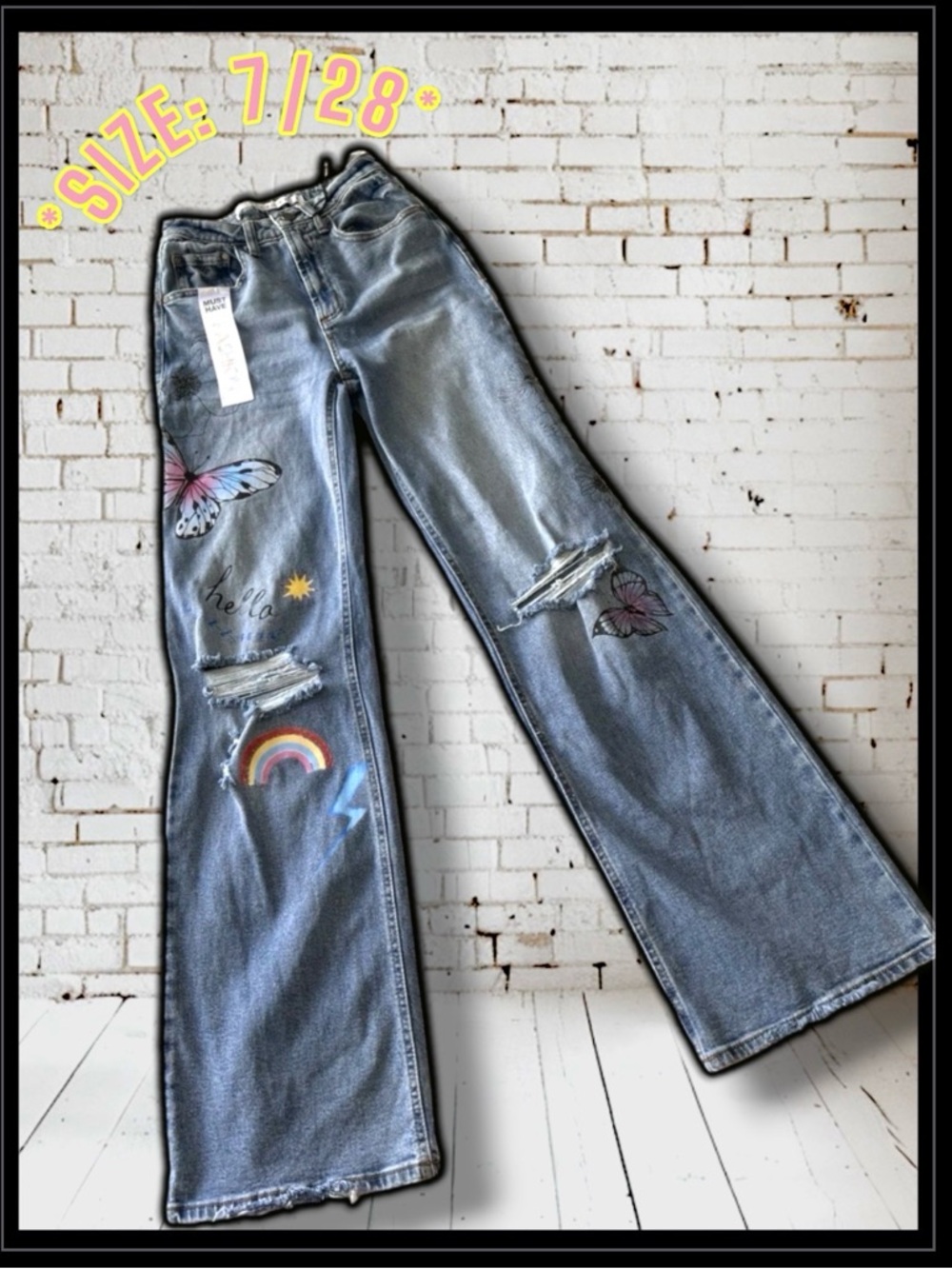 NWT: Tinseltown - Graphic Ripped Wide-Leg Blue Jeans ( SIZE 7/28)